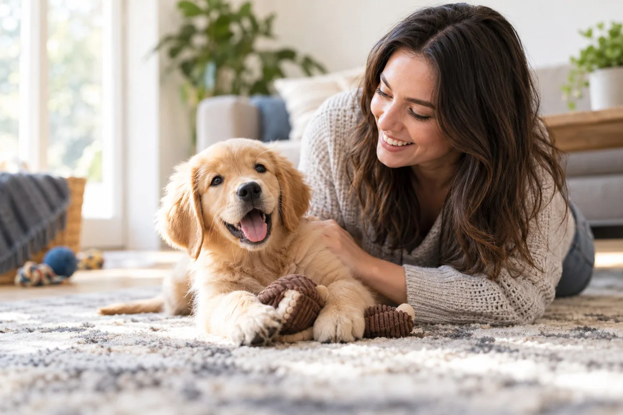 Owner resting on a rug beside a young golden-colored dog